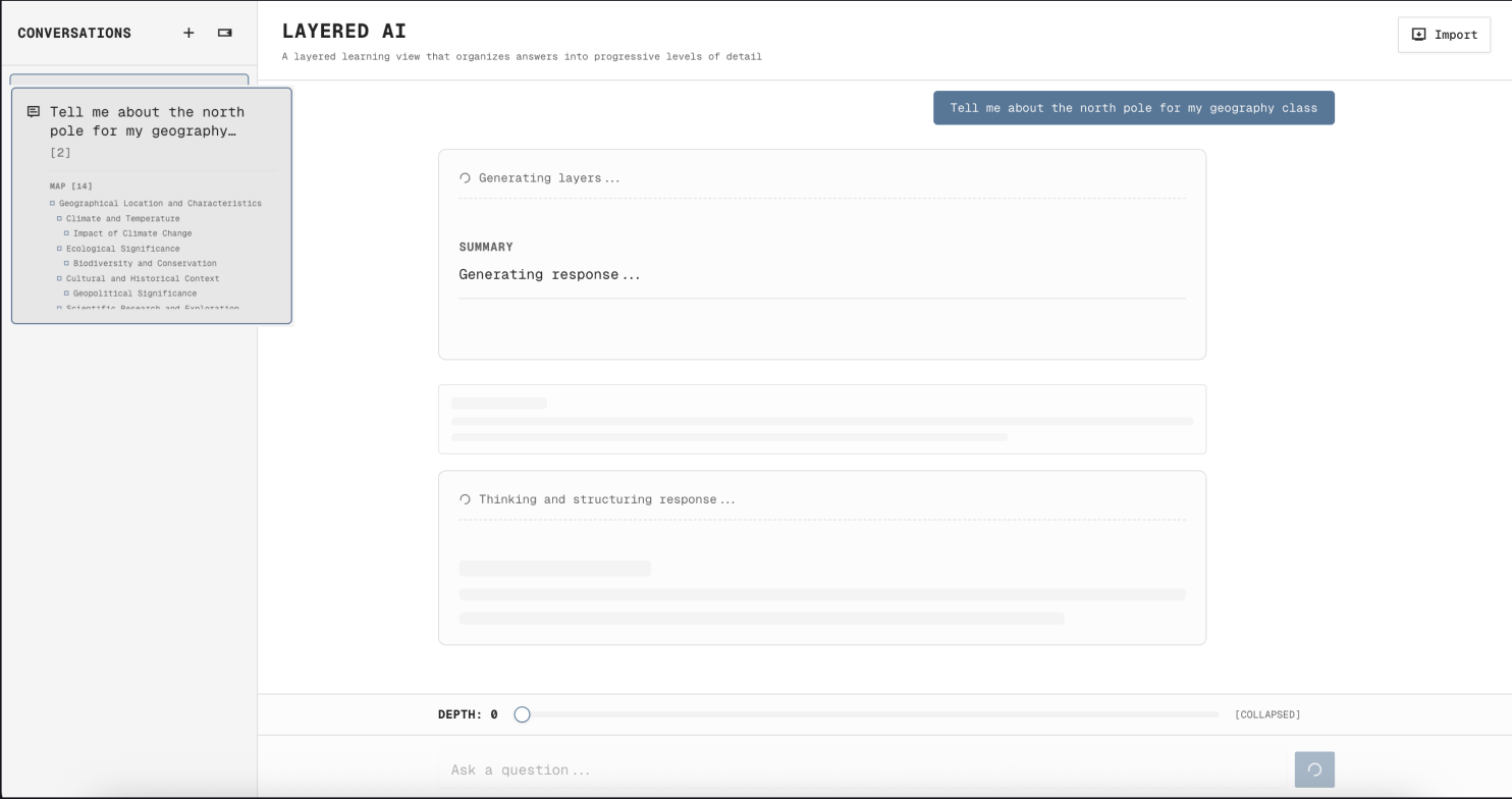 Layered AI high-fidelity prototype — layered learning view organizing answers into progressive levels of detail