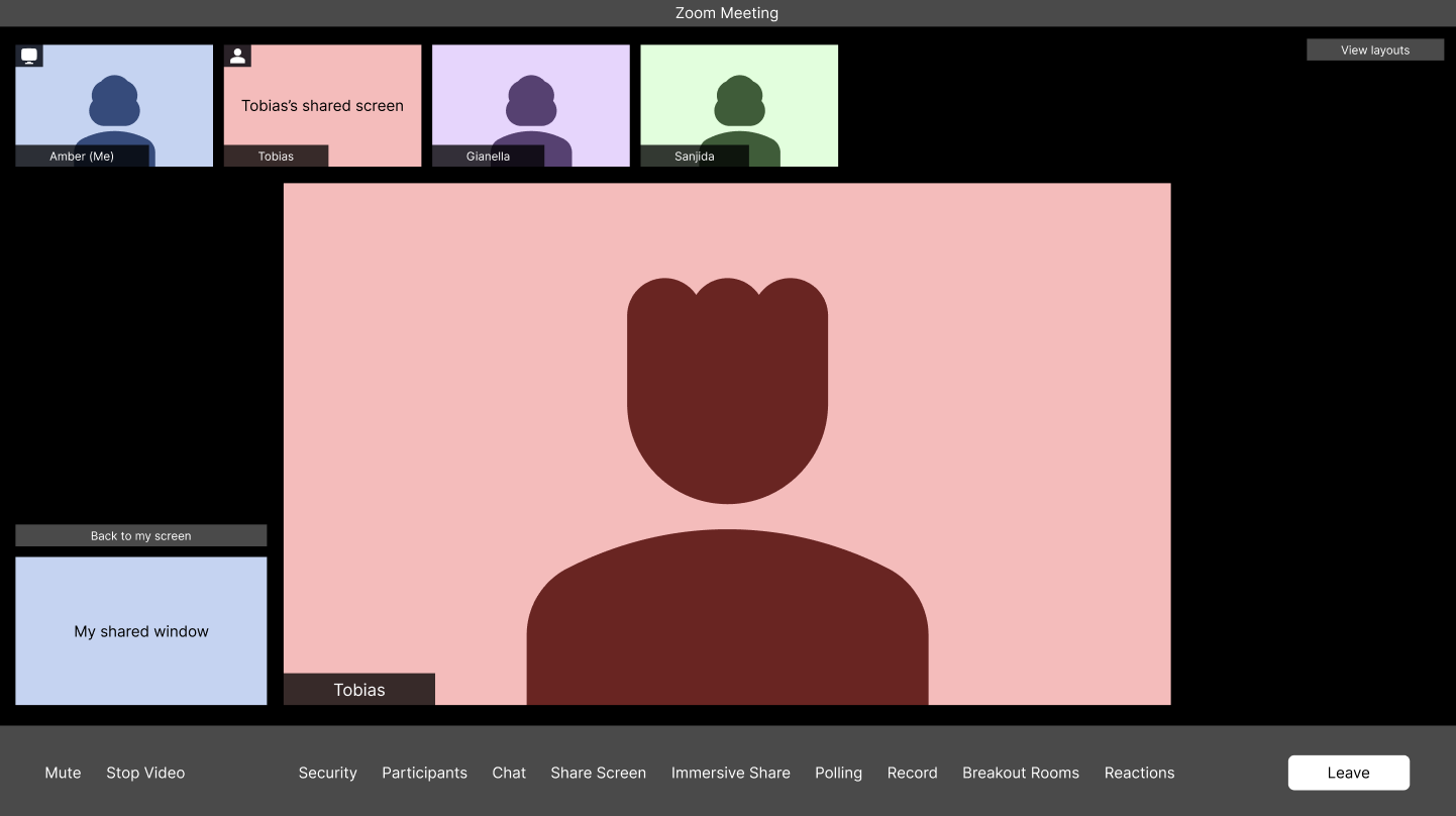Lo-fi prototype wireframes showing two layout concepts for simultaneous screen sharing