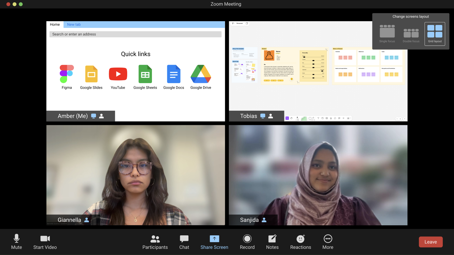 Hi-fi prototype — single focus view with persistent participant tiles and presenter sidebar