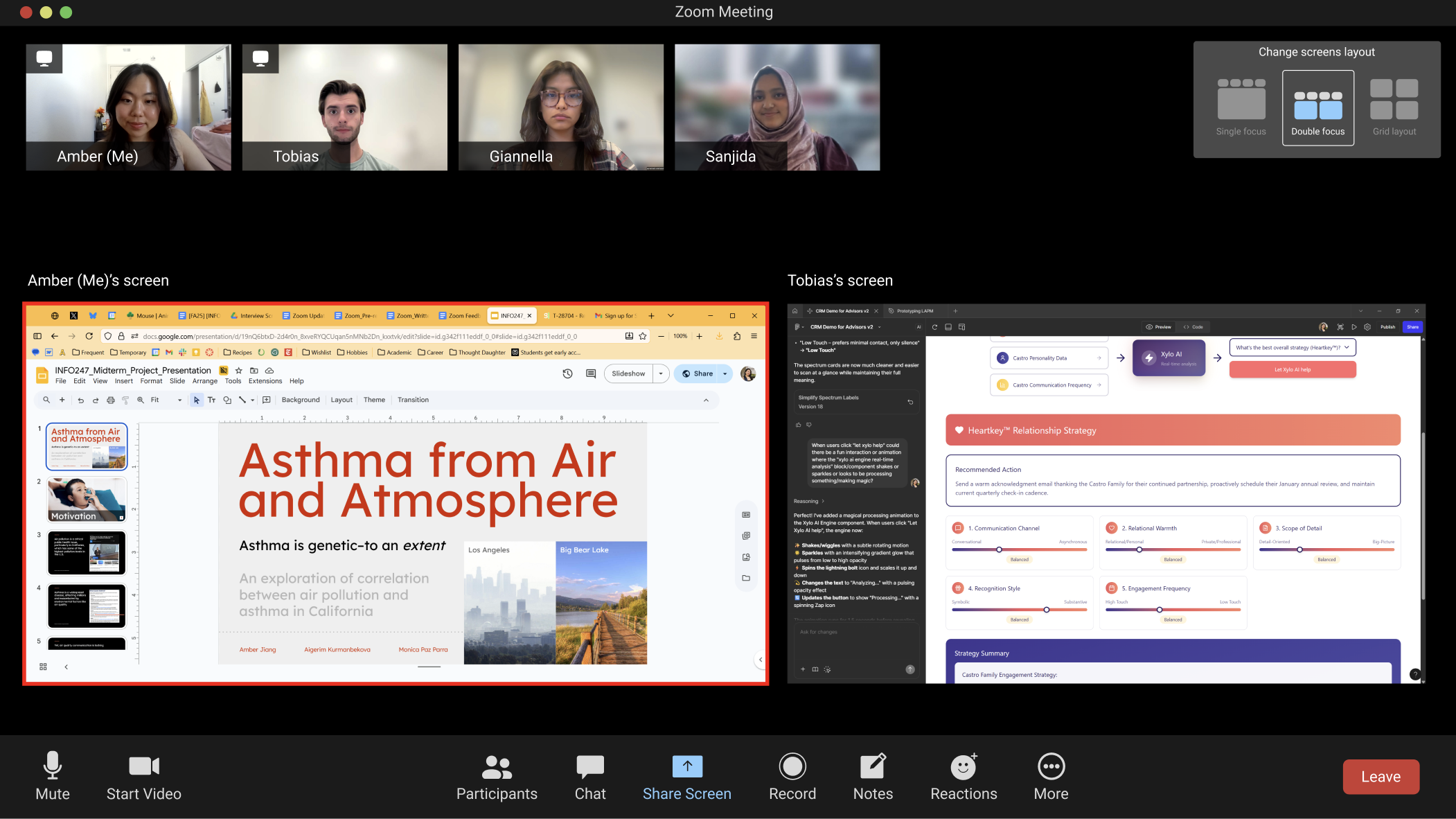 Hi-fi prototype — double focus layout with two simultaneous shared screens and layout selector